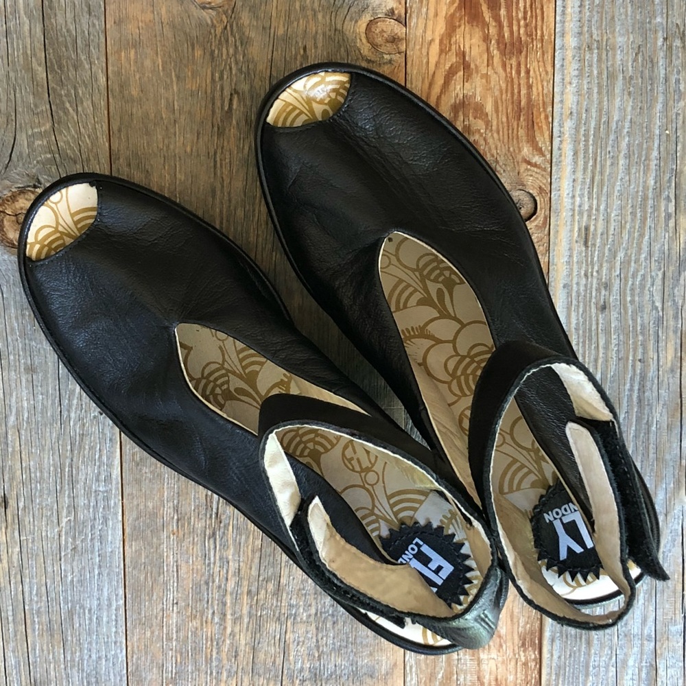 Fly London YALA black leather wedge pump sandal 38